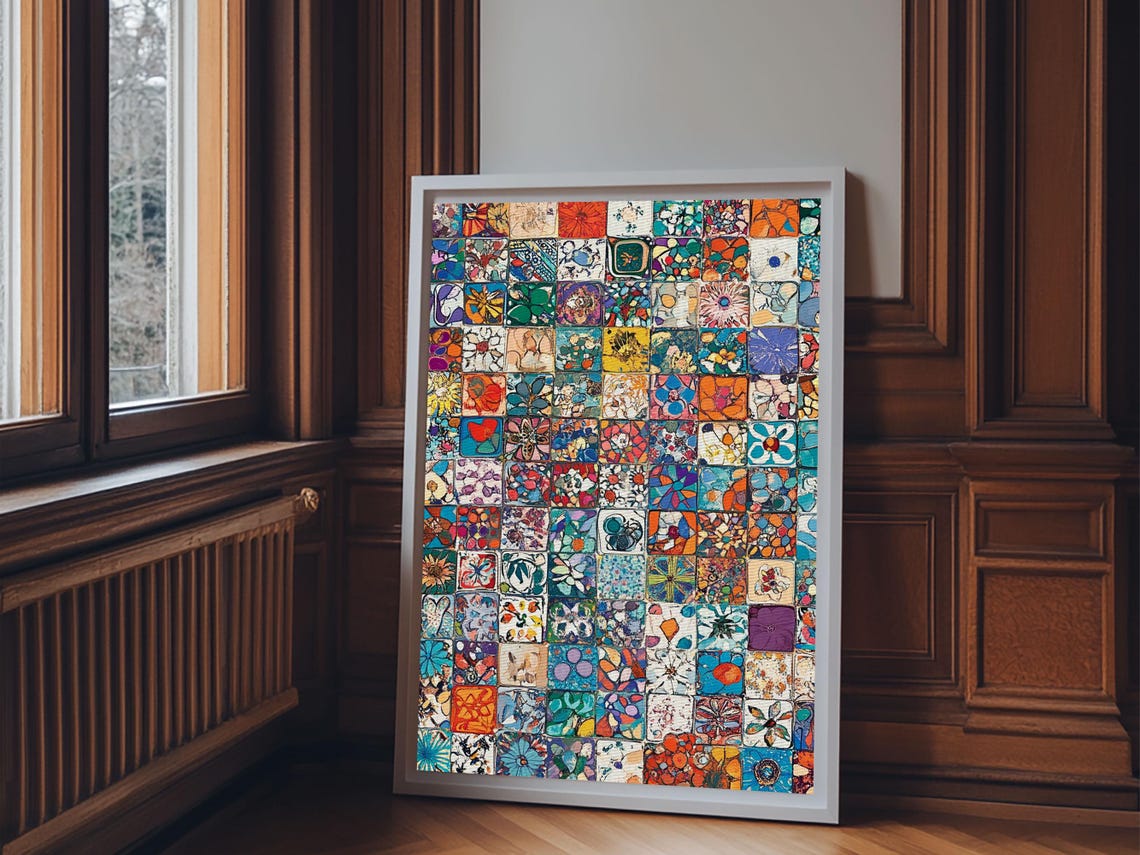Colorful Floral Mosaic Squares Patchwork Boho Tile Art Print - Image 2