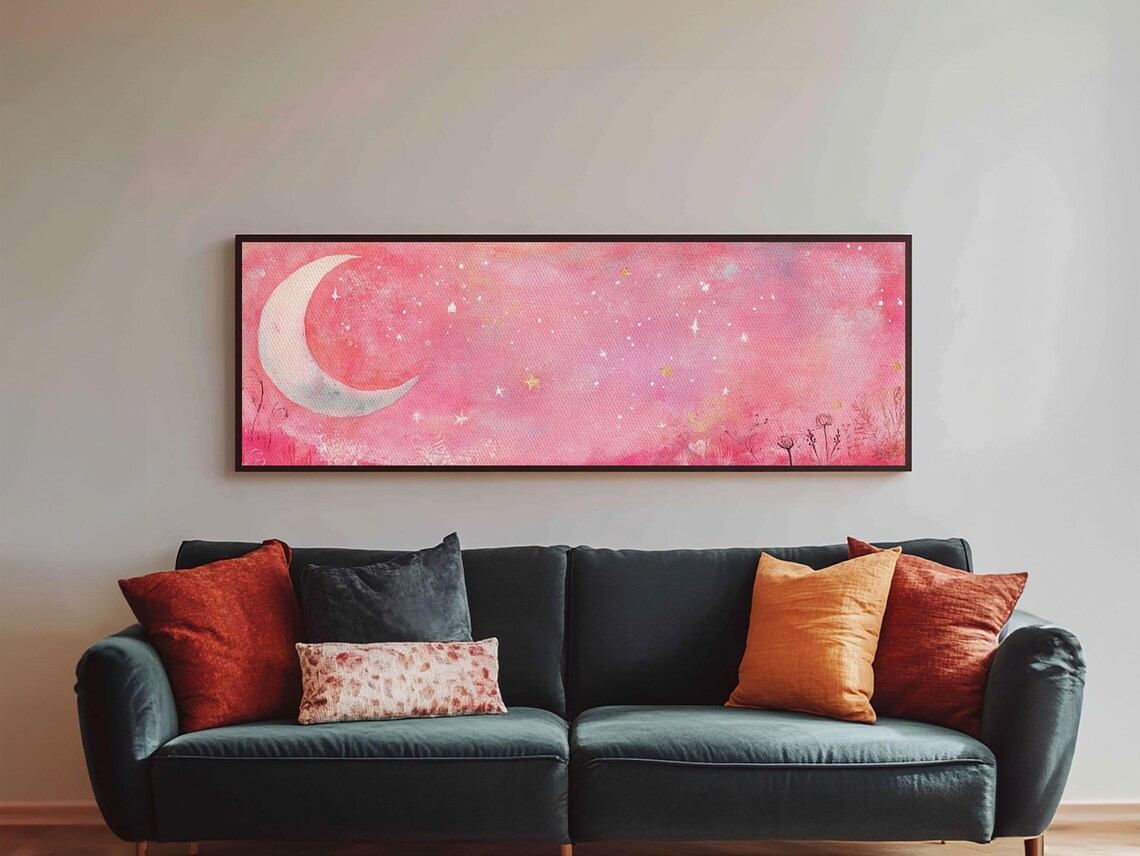 Pink Crescent Moon Starry Night Sky Watercolor Panoramic Dreamy Art Poster - Image 4