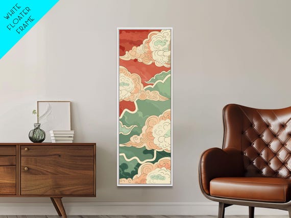 Traditional Japanese Cloud Design In Pastel Colors Ukiyo E Style Framed Print Tall Skinny Japanese Wall Art Ready To Hang