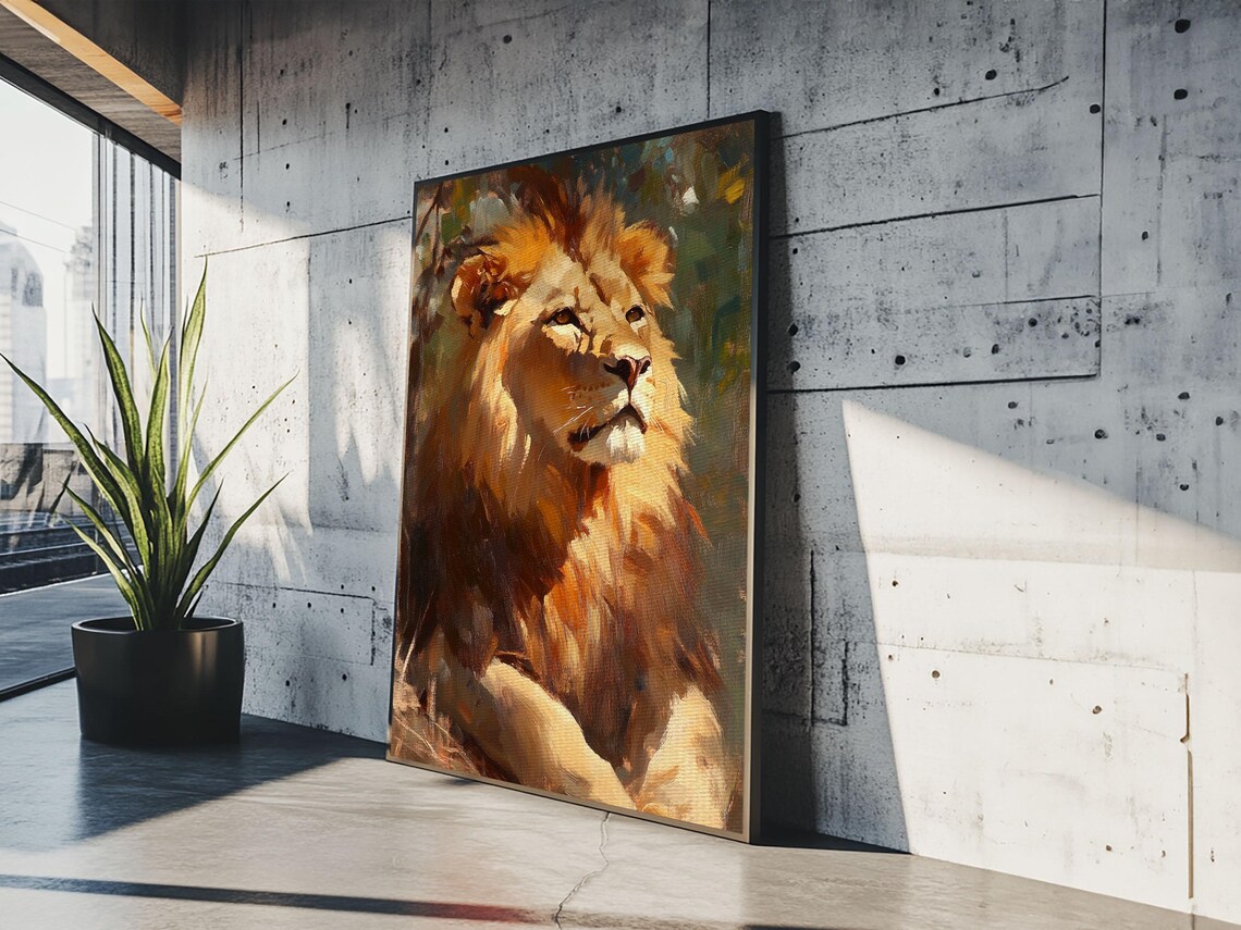 Regal Lion Portrait Oil Painting Warm Golden Wildlife Art Print - Image 2