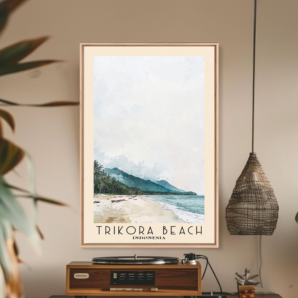 Trikora Beach Indonesia Palm Shore Mountain Water Watercolor Poster