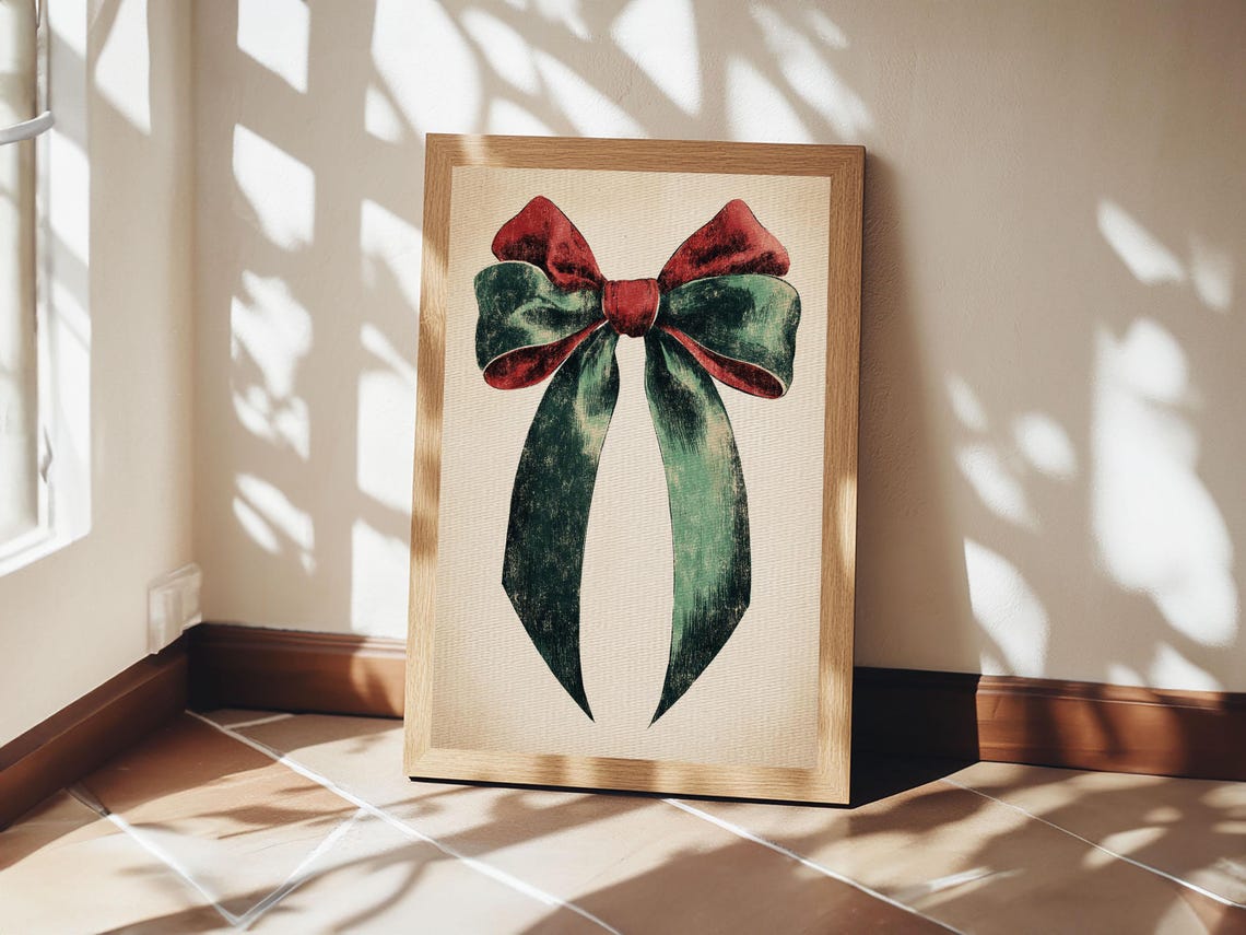 Vintage Red and Green Christmas Gift Bow Illustration Holiday Wall Art - Image 2