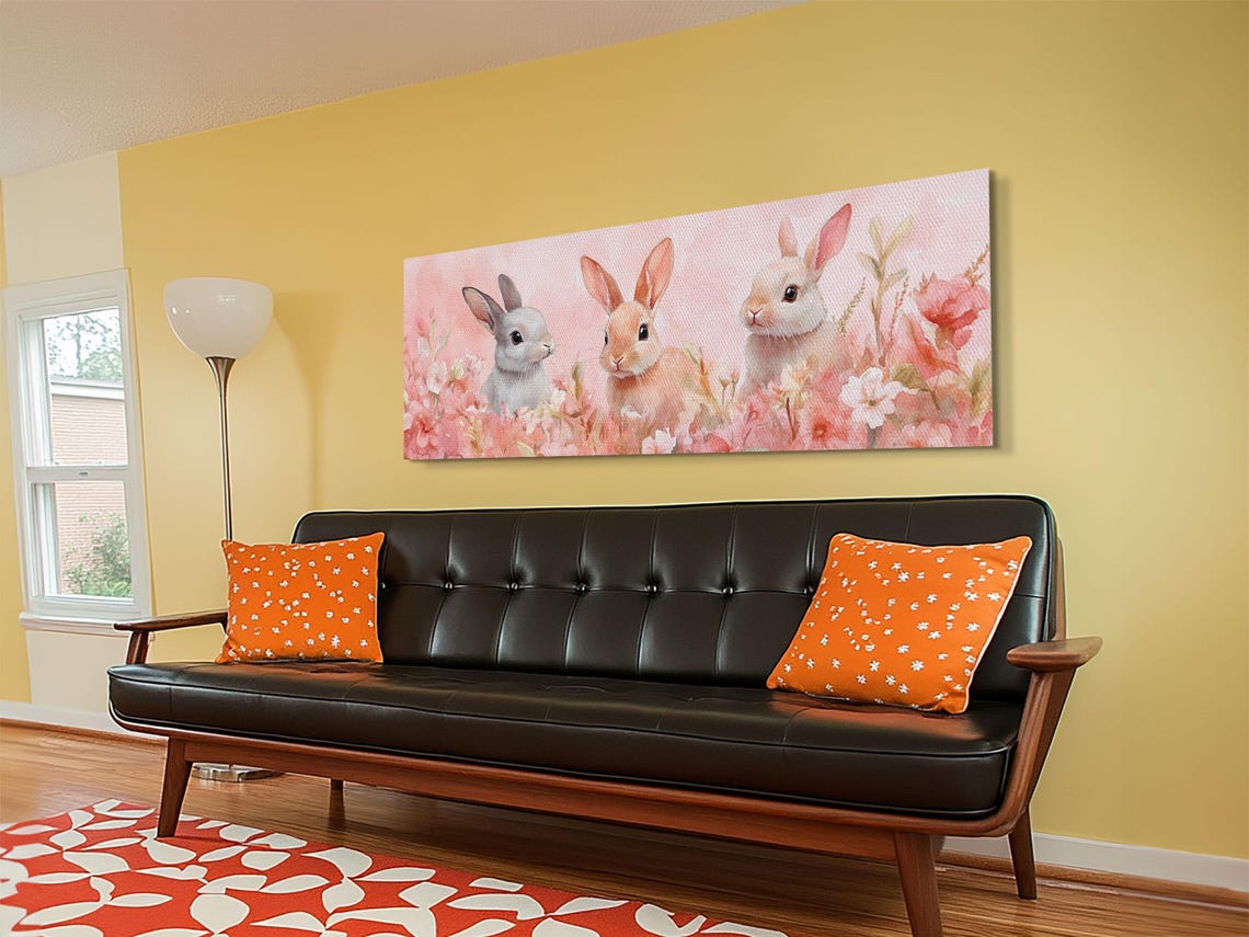 Bunny Trio Pink Floral Field Watercolor Spring Nursery Wall Art Poster - Image 3
