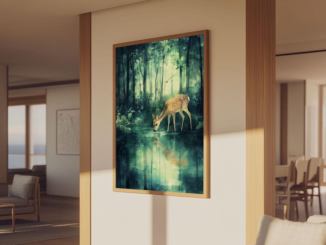 Young Deer Drinking Water Forest Reflection Watercolor Wildlife Poster - Image 2
