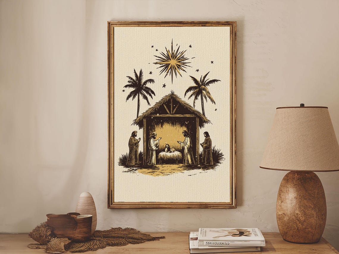 Vintage Nativity Scene Silhouette With Star Christmas Art Poster