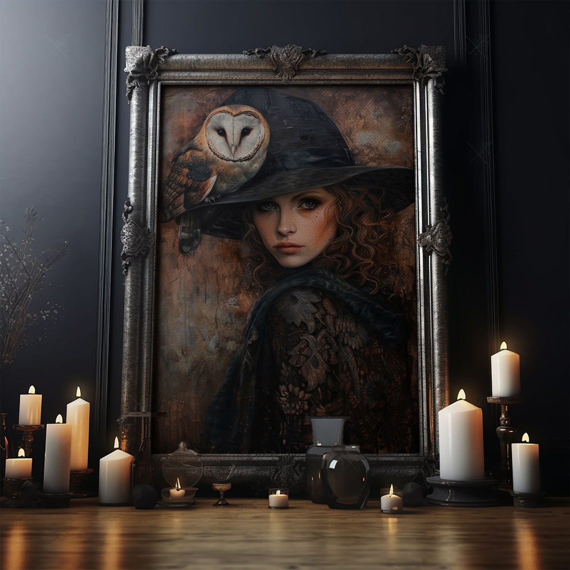 Beautiful Red Haired Witch Barn Owl Portrait Gothic Art Poster - Image 5