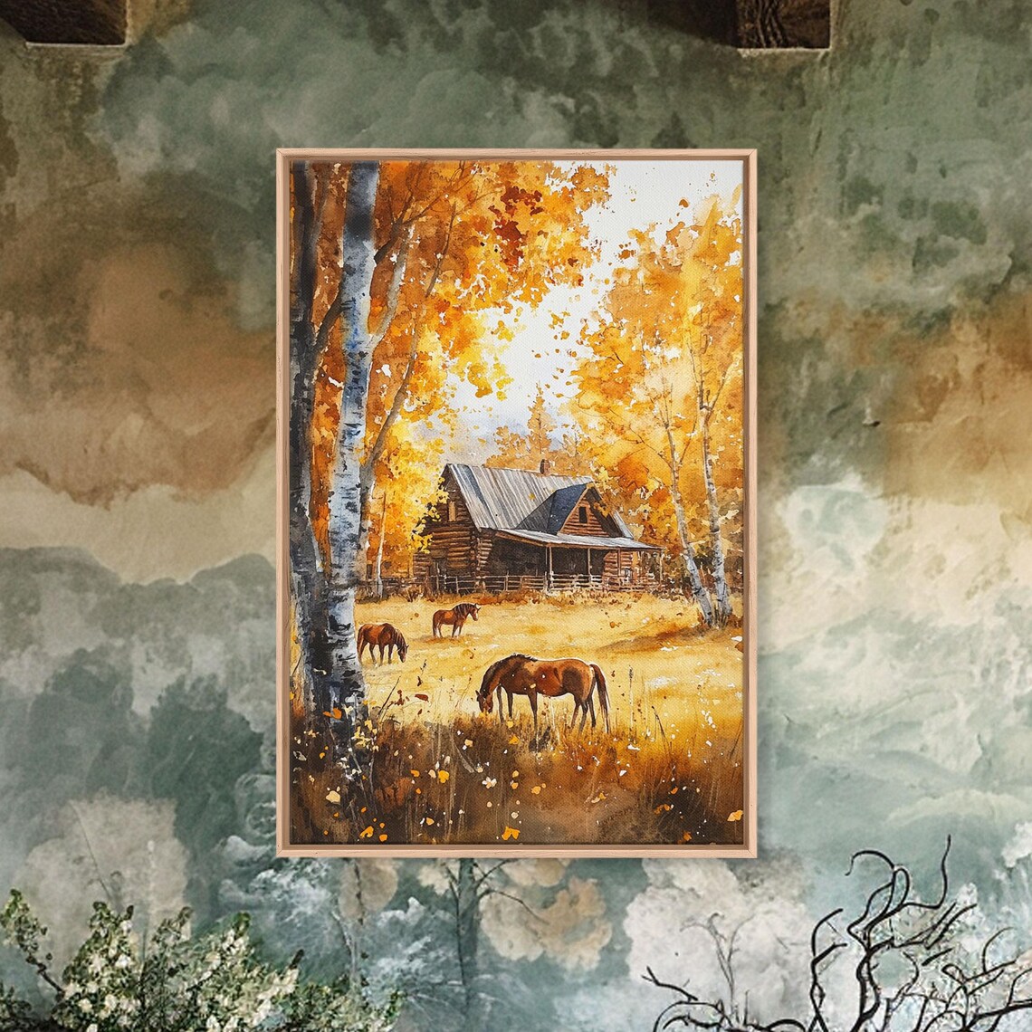 Log Cabin With Horses Grazing In Golden Autumn Woods Meadow Poster - Image 3