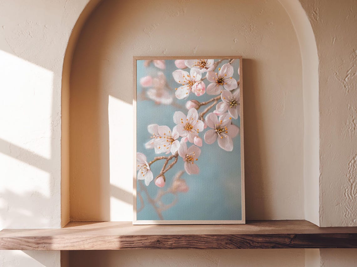 Delicate Cherry Blossom Branch Soft Blue Spring Floral Wall Art Poster - Image 3