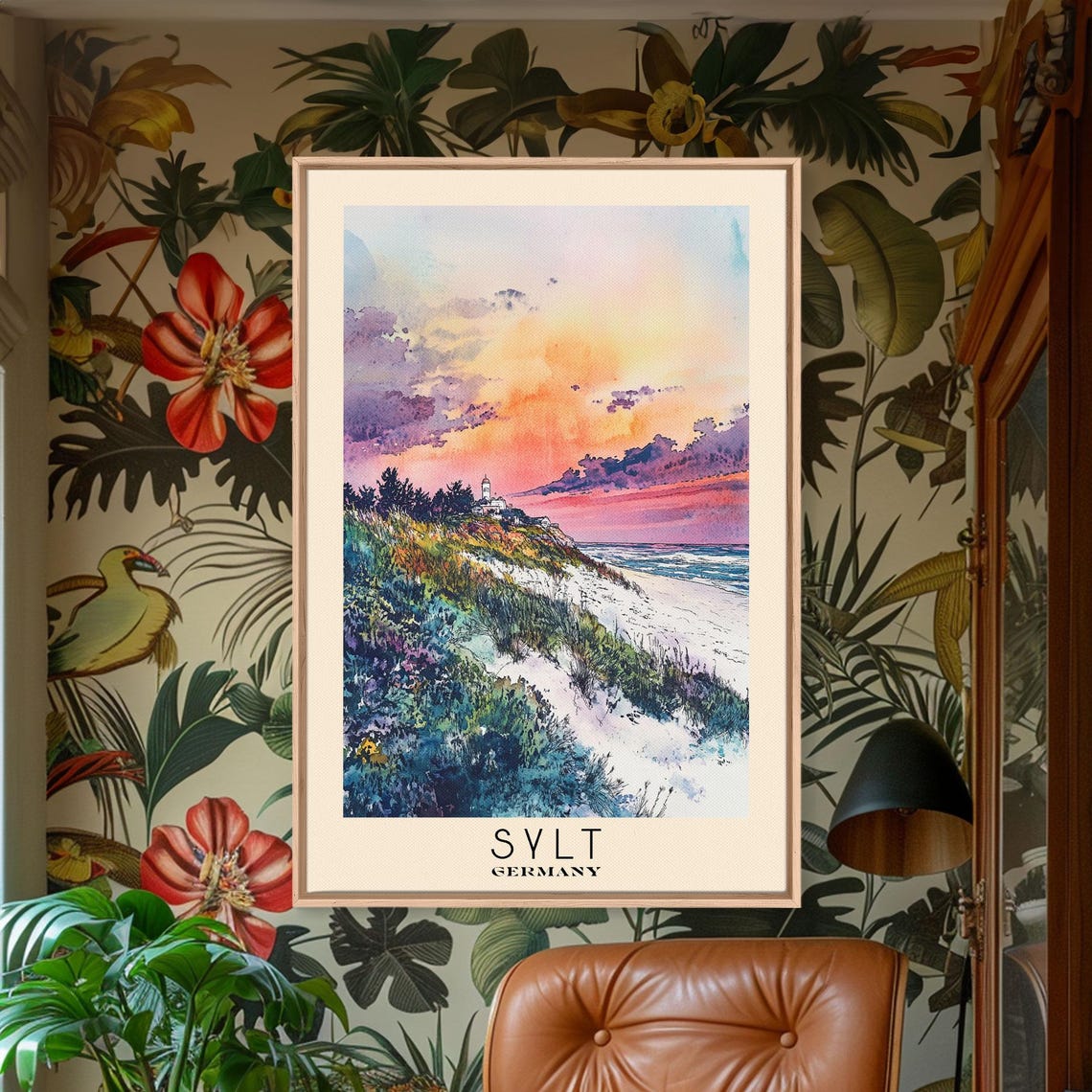 Sylt Germany Sunset Dune Coast Lighthouse Colorful Watercolor Poster
