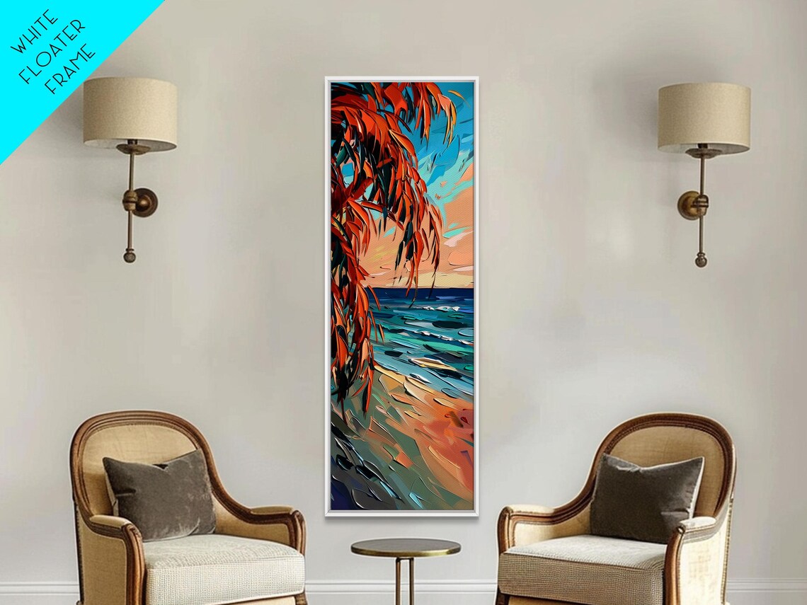 Coastal Palm Fronds Sunset Beach Turquoise Waves Painting Poster - Image 2