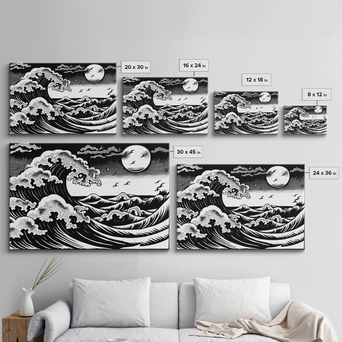 Great Wave Moonlit Ocean Black White Japanese Woodblock Style Poster - Image 2