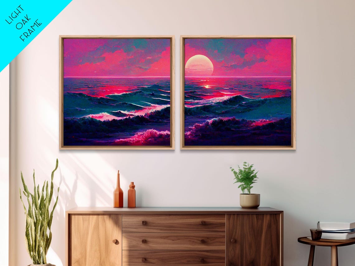 Synthwave Ocean Sunset Two Piece Retro Neon Pink Outrun Wall Art - Image 3