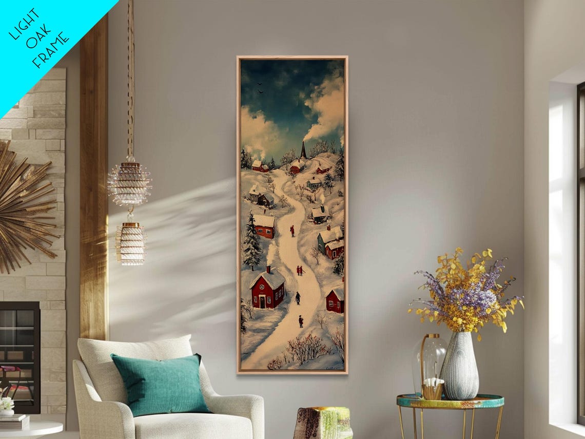 Snowy Hill Village With Red Houses And Church Daytime Winter Poster - Image 3