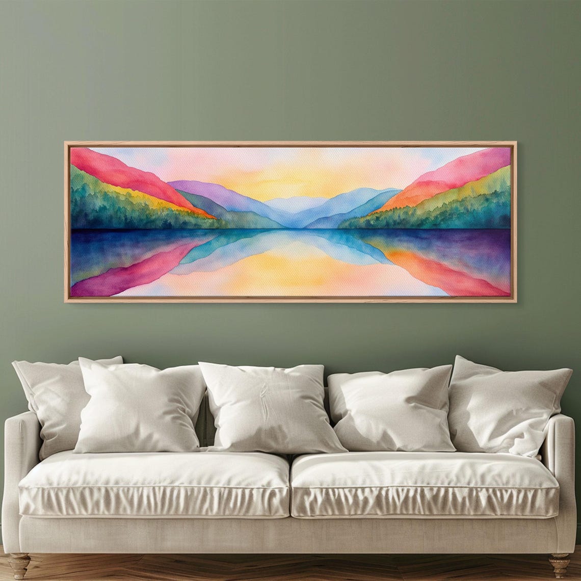 Rainbow Watercolor Mountain Lake Sunset Panoramic Colorful Poster - Image 3