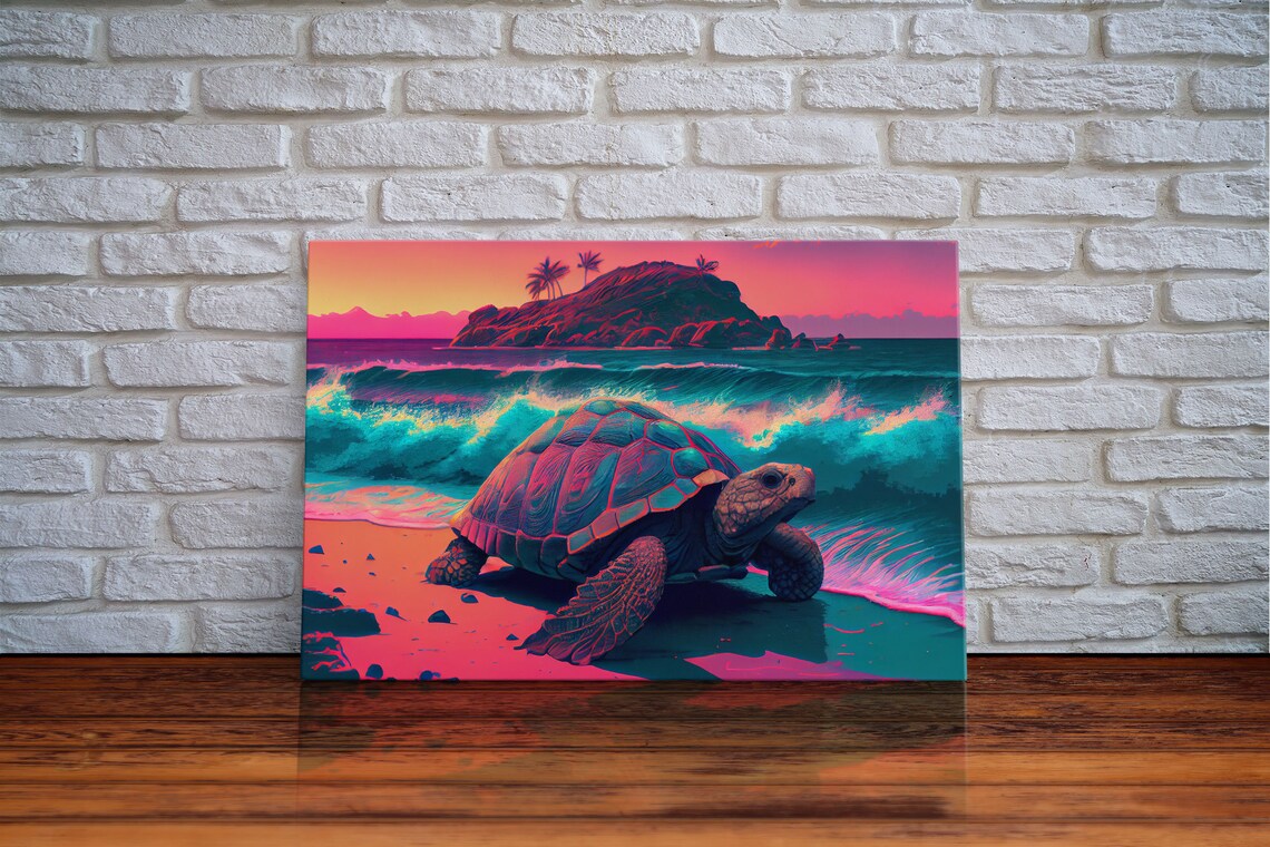Sea Turtle Fighting the Waves, Synthwave Vaporwave - Image 6