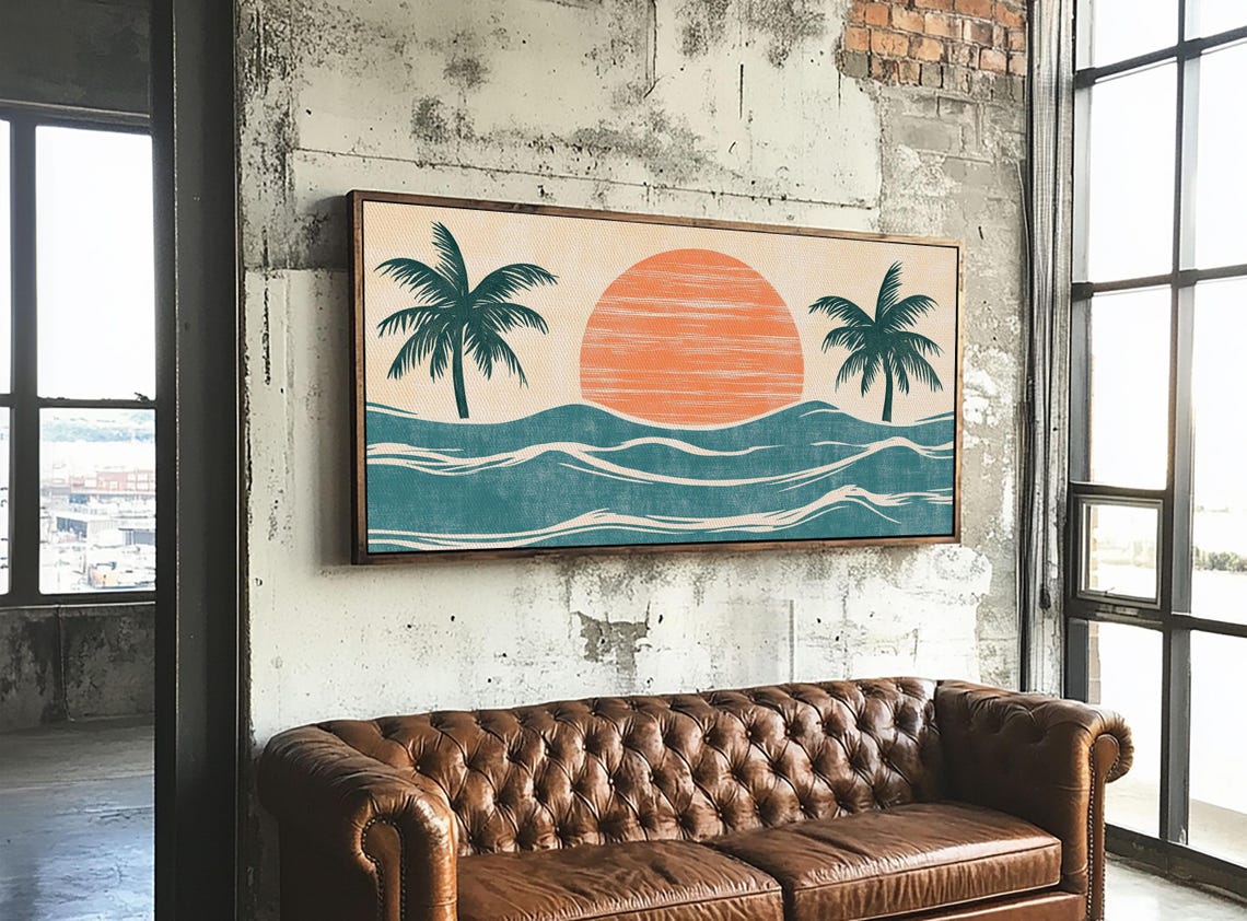 Japanese Woodblock Tropical Sunset Palm Trees Ocean Waves Poster - Image 3