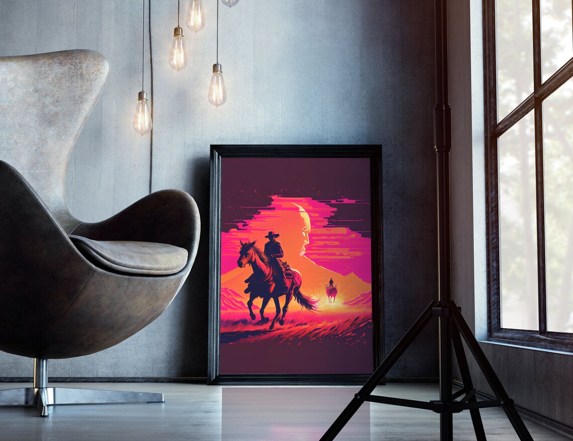 Vaporwave Cowboy Horseback Sunset Neon Western Retro Rodeo Art Poster - Image 4