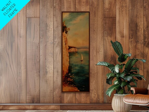 Sailboat By Tall Cliffs Sunset Bay Vintage Nautical Oil Poster