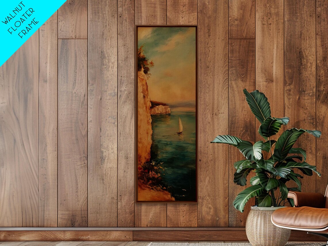 Sailboat By Tall Cliffs Sunset Bay Vintage Nautical Oil Poster