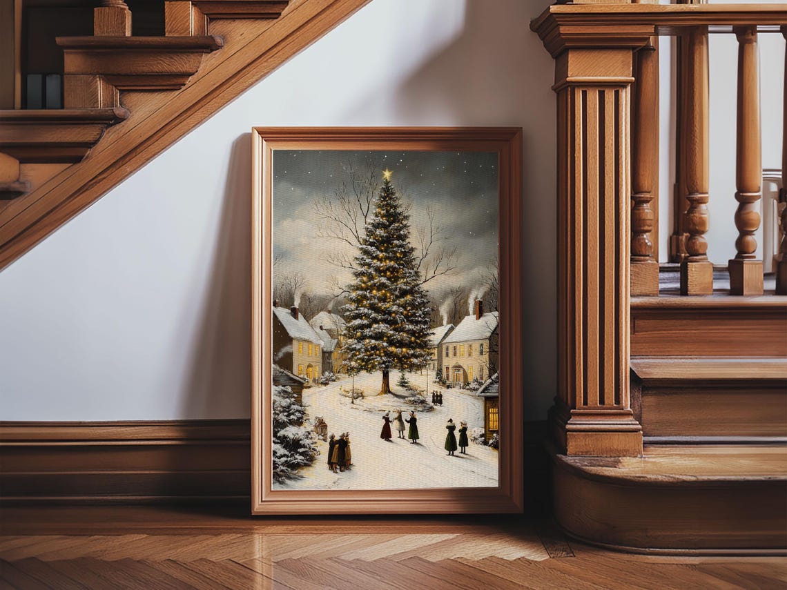 Snowy Christmas Village With Lit Tree Night Scene Holiday Art Poster - Image 6