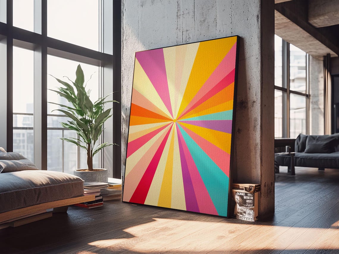 Retro Sunburst Rays Pink Orange Teal Cream Colorful Abstract Poster - Image 6