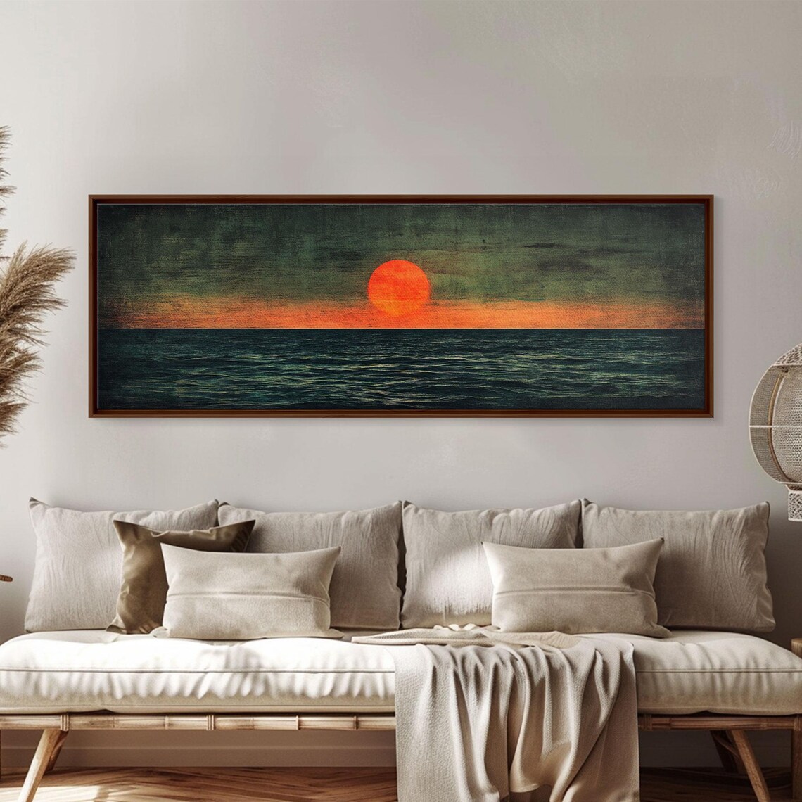 Embers Of The Horizon Sunset Panoramic Red Sun Teal Sea Moody Wall Art - Image 2