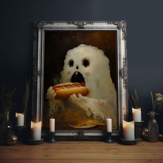 Cute Ghost Eating Hot Dog Funny Halloween Hungry Ghost Art Poster