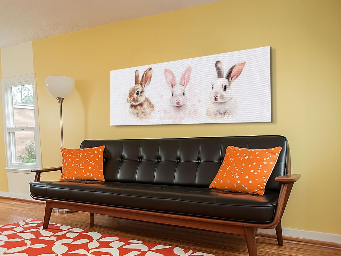 Trio Bunny Rabbits Watercolor Portrait Pink Gold Frame Panoramic Animal Poster - Image 2