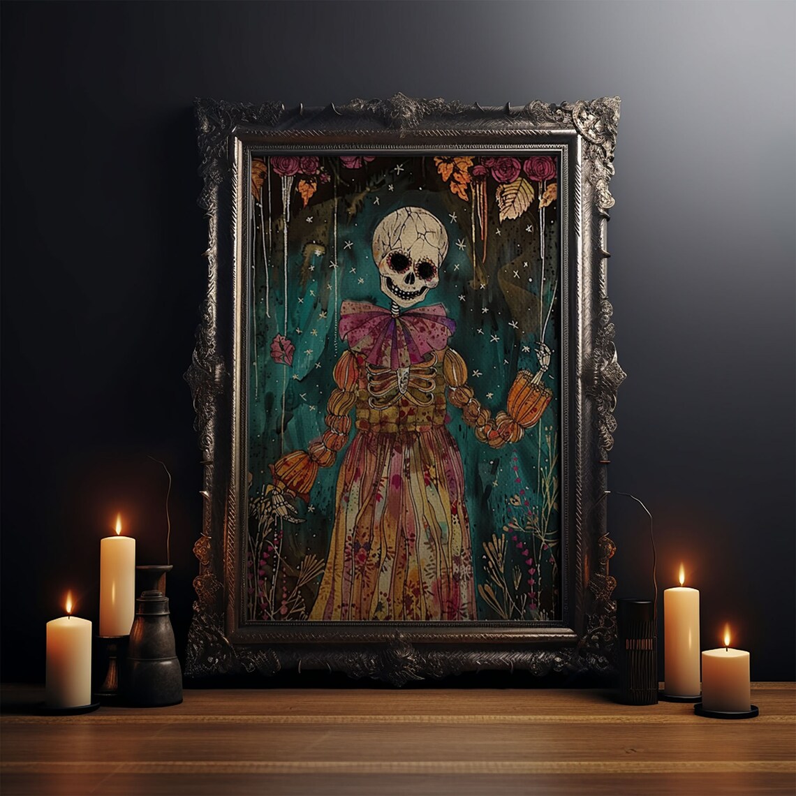 Day Of Dead Skeleton Orange Floral Gown Halloween Art Poster - Image 3