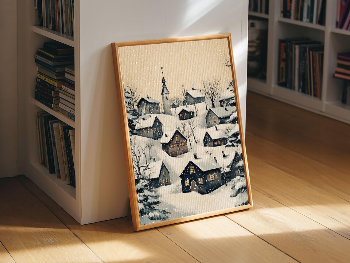 Snowy Winter Village With Church Minimalist Night Landscape Art Print - Image 4