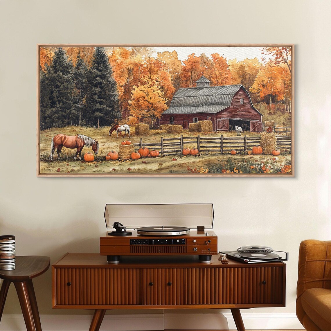 Autumn Barn Pumpkin Horses Rustic Fall Art Print