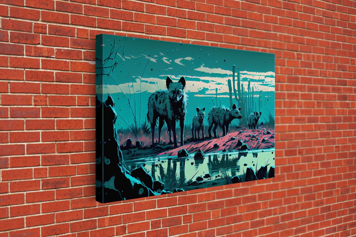 Hyenas At Midnight, Turquoise Vaporwave Art Print - Image 3