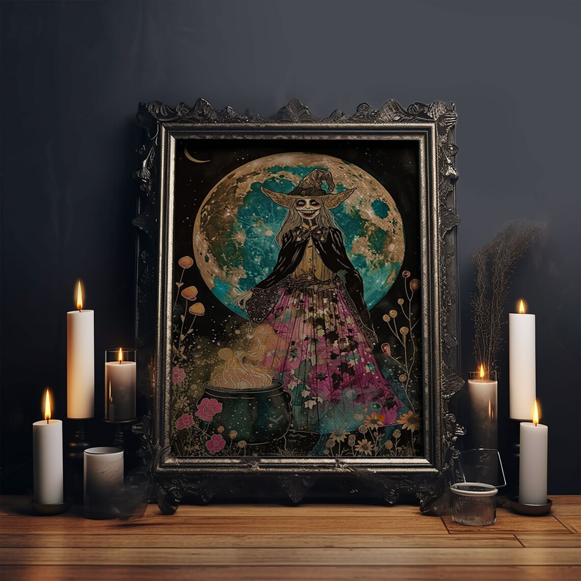 Spooky Witch With Cauldron Under Full Moon, Halloween Art - Image 6