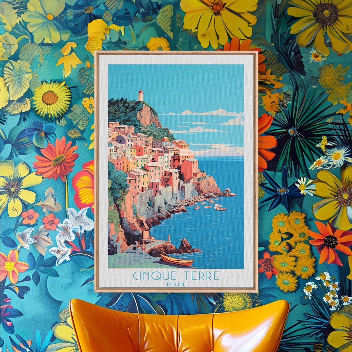 Cinque Terre Italy Colorful Cliff Village Harbor Boats Travel Poster
