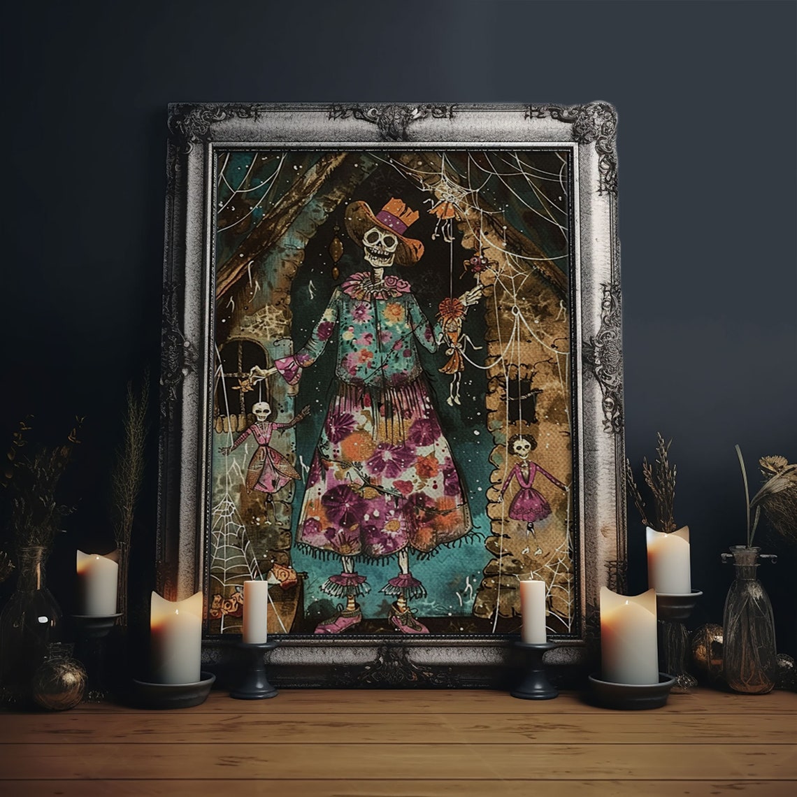 Skeleton Floral Dress Spider Webs Hanging Dolls Halloween Art Poster