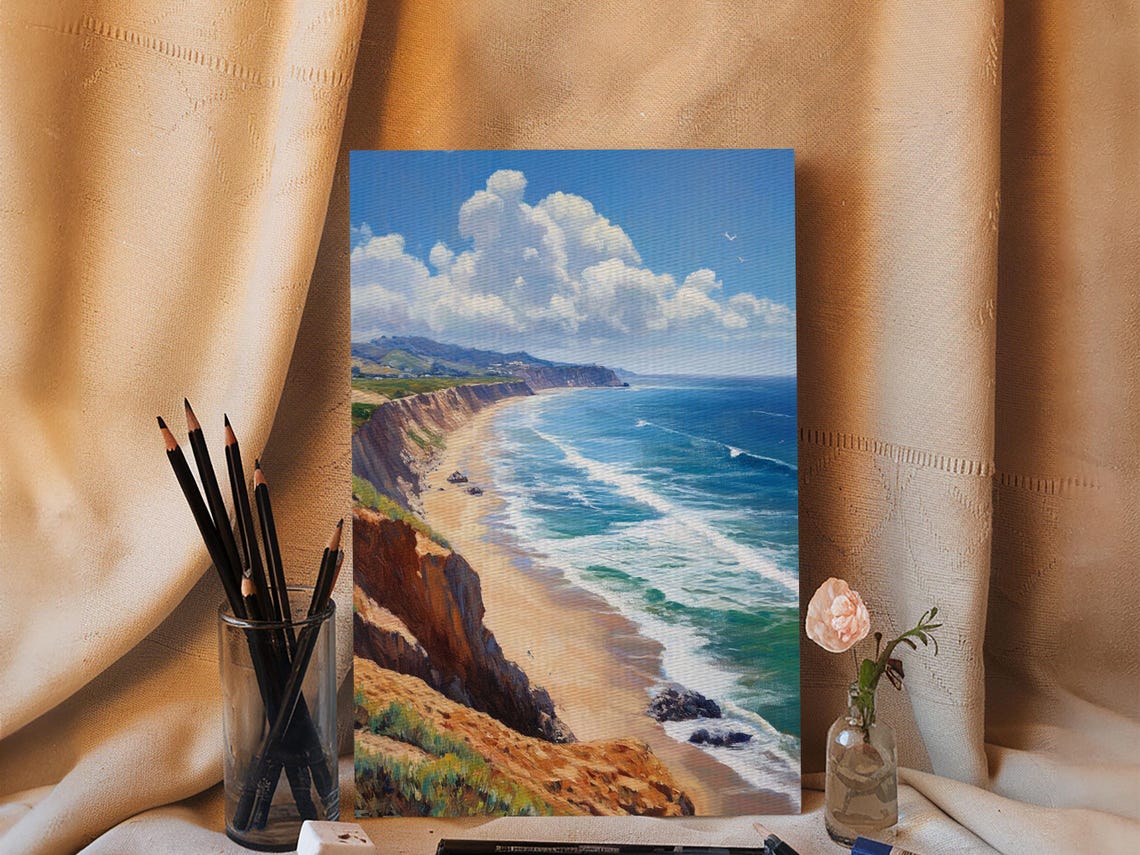Coastal Cliffs Golden Beach Blue Ocean Waves Scenic Coast Art Poster - Image 3