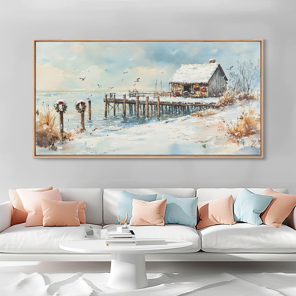 Snowy Fishing Pier Christmas Wreaths Seaside Holiday Art Print - Image 6