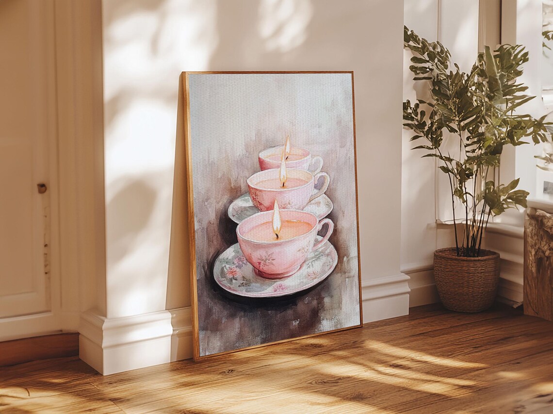 Pink Teacup Candles Watercolor Trio Floral Saucers Cozy Wall Poster - Image 2