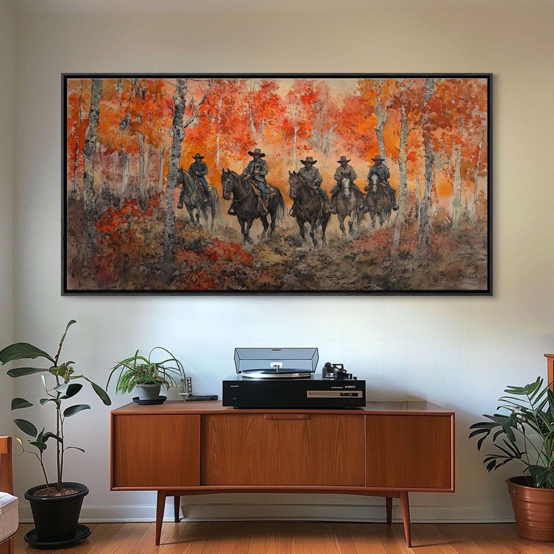 Cowboys Riding Through Fiery Autumn Birch Forest Western Art Print - Image 2
