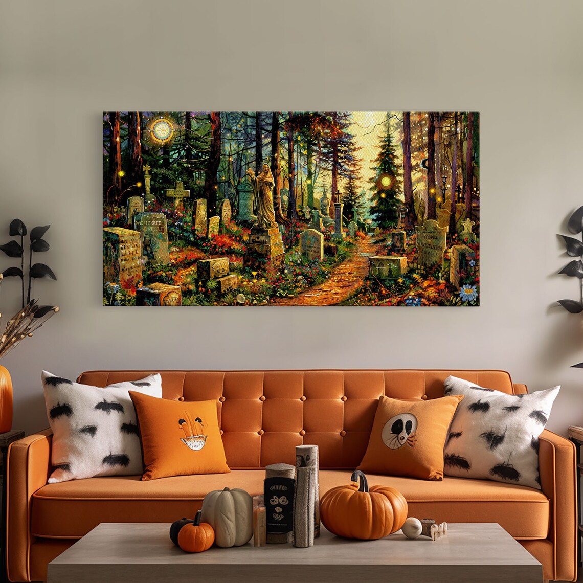 Colorful Haunted Graveyard Spring Flowers Moonlit Forest Halloween Print - Image 5