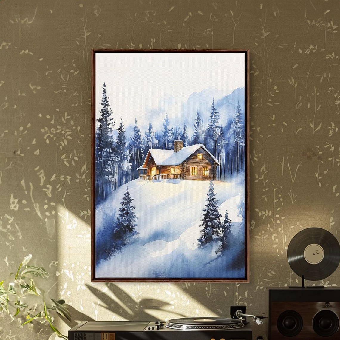 Winter Wonderland Log Cabin Snowy Pines Glowing Watercolor Wall Art - Image 4