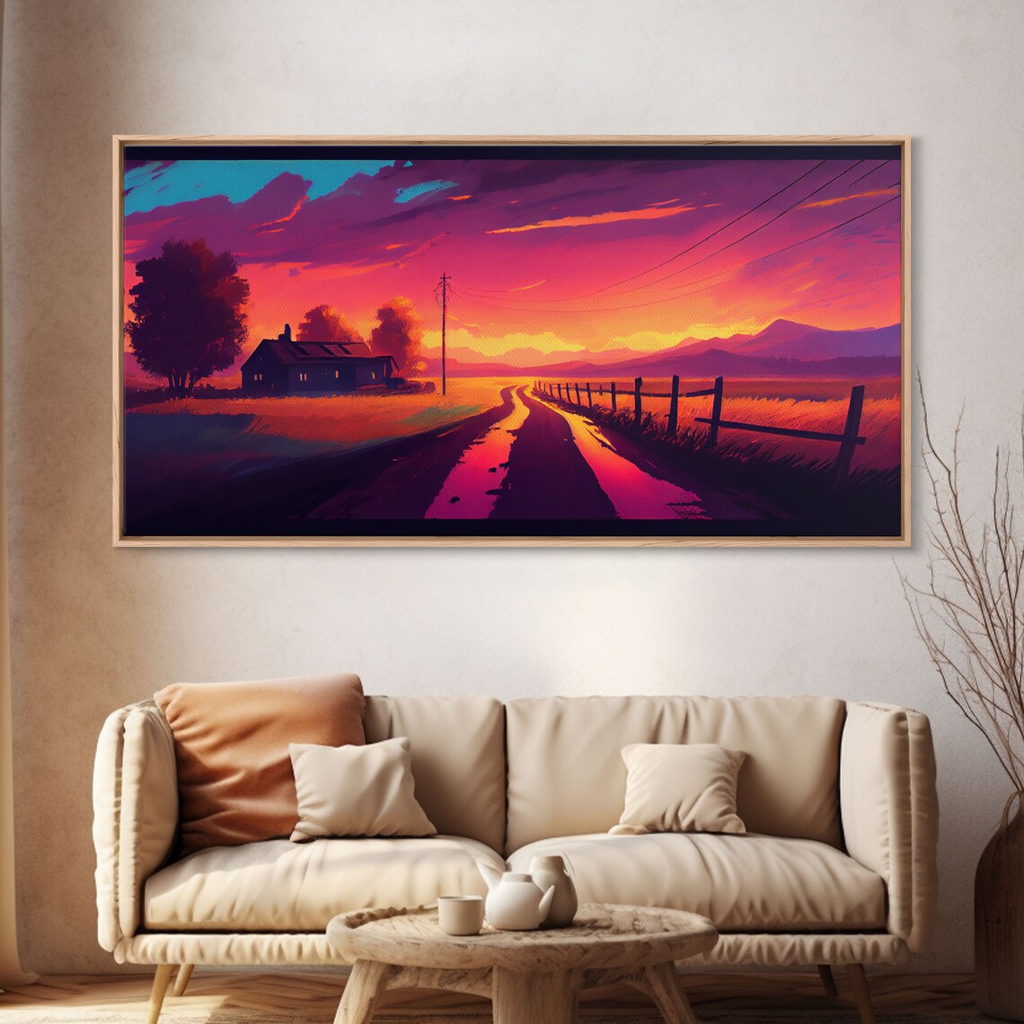 Neon Sunset Country Road Farmhouse Retro Synthwave Landscape Poster - Image 4