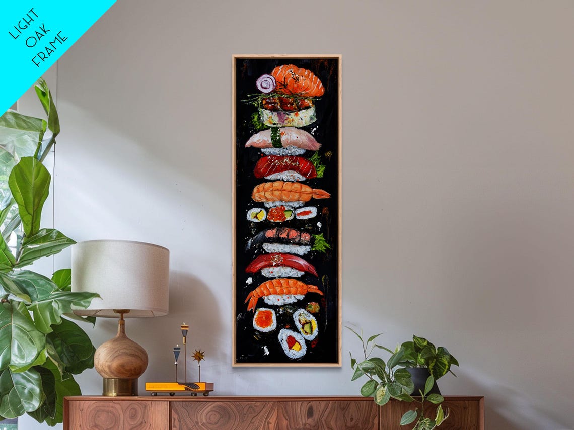 Colorful Sushi Tower Stacked Pieces On Black Kitchen Wall Poster