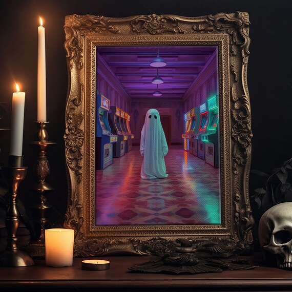 Lonely Ghost In Neon Retro Arcade Hallway Vaporwave Halloween Print