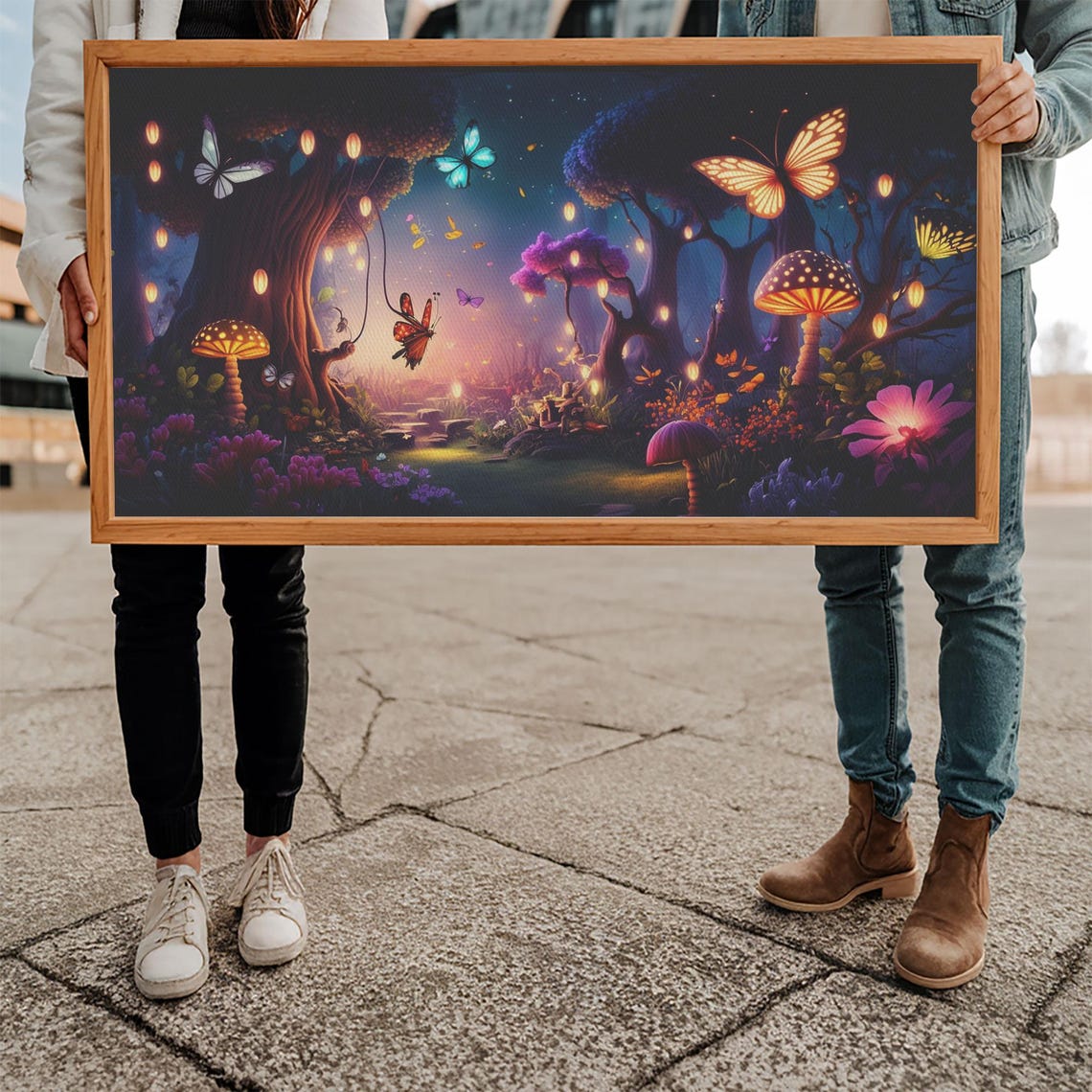 Vibrant Fantasy Forest Wall Art The Forest Floor Bioluminescent Glowing Butterflies Gift Framed Print - Image 5