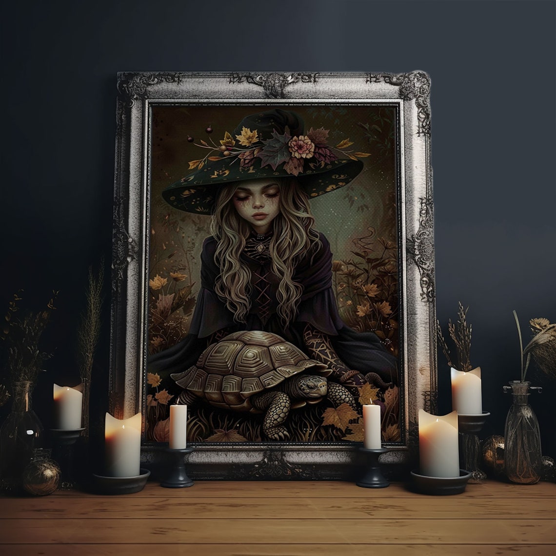 Enchanting Witch With Tortoise In Autumn Forest Fantasy Art Poster