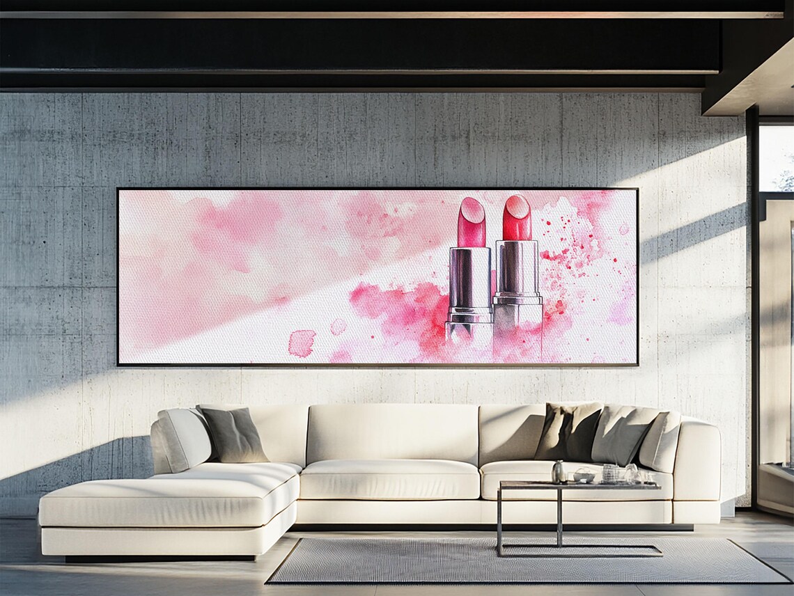Pink Lipstick Duo Silver Tubes Watercolor Beauty Still Life Panoramic Art Poster - Image 2