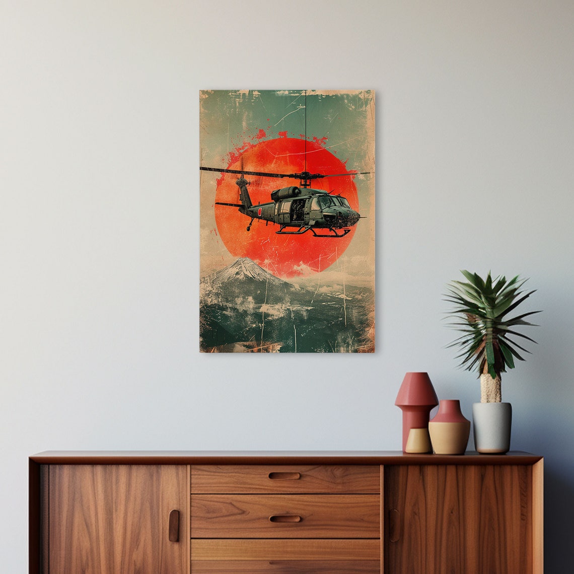 Vintage Huey Helicopter Rising Sun Volcano Retro Military Poster - Image 5