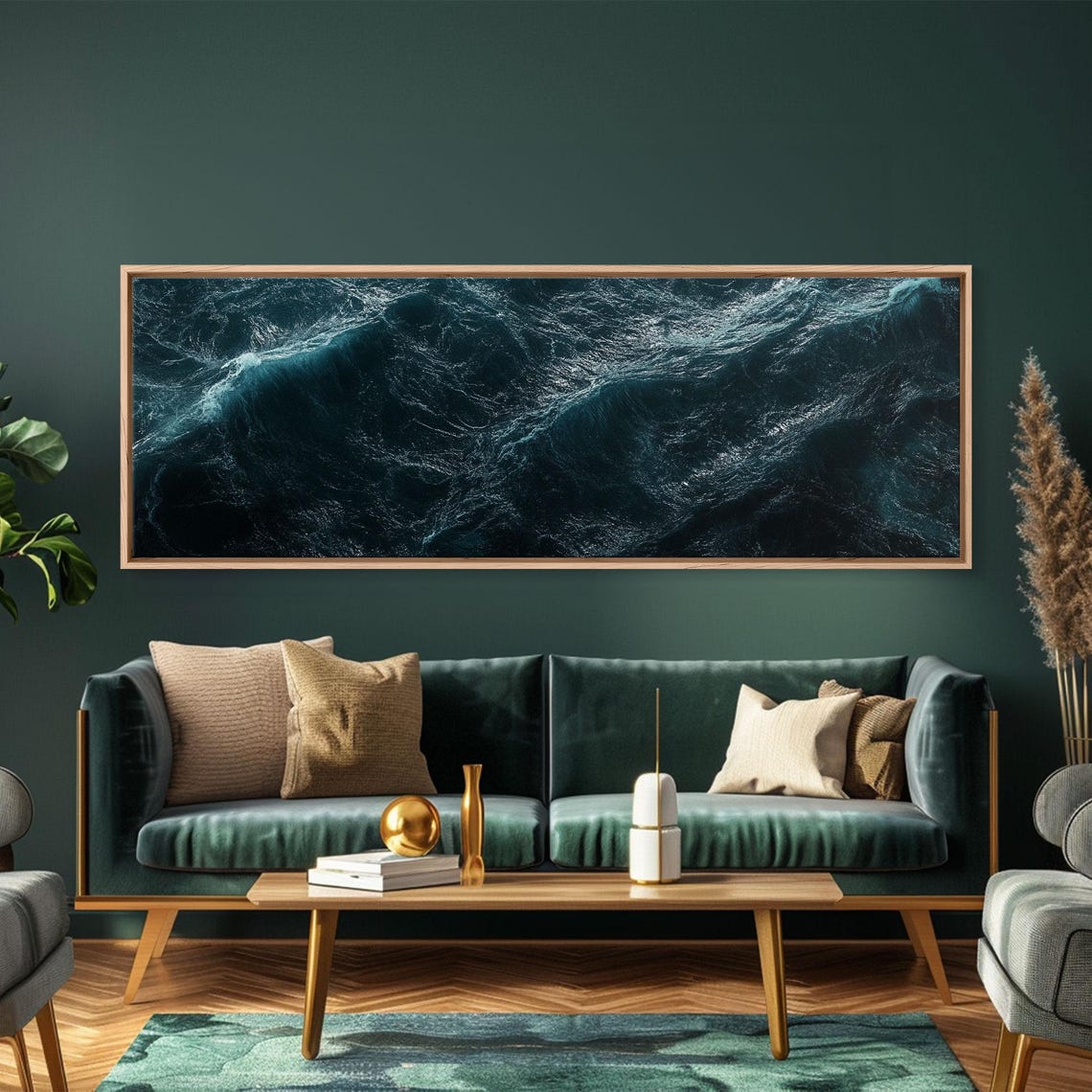 Dark Ocean Waves Aerial Photography Moody Teal Sea Panoramic Poster - Image 3