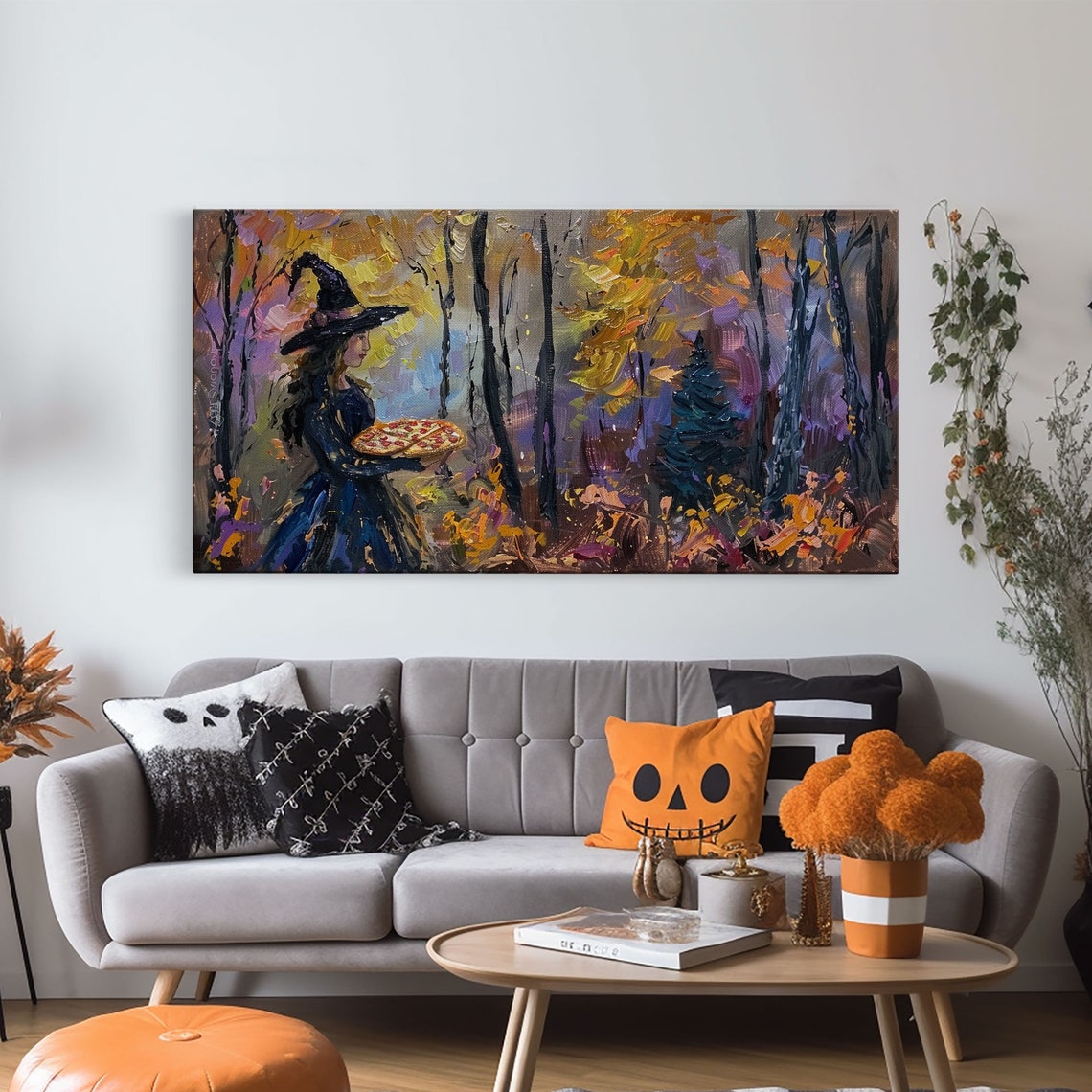 Witch Having Pizza Party In Autumn Haunted Forest Funny Art Print - Image 5